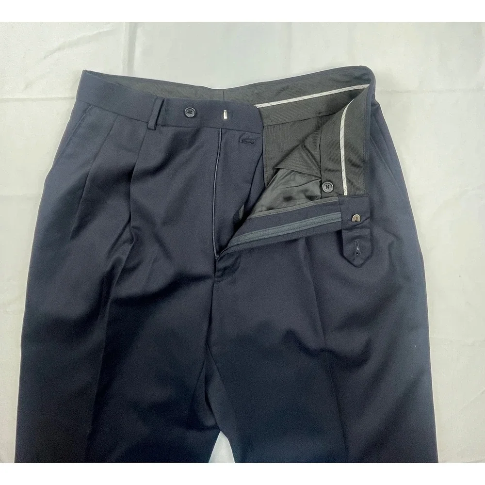 JOSEPH ABBOUD MENS 34 X 27 NAVY BLUE 100% WOOL PLEATED DRESS PANTS TROUSERS